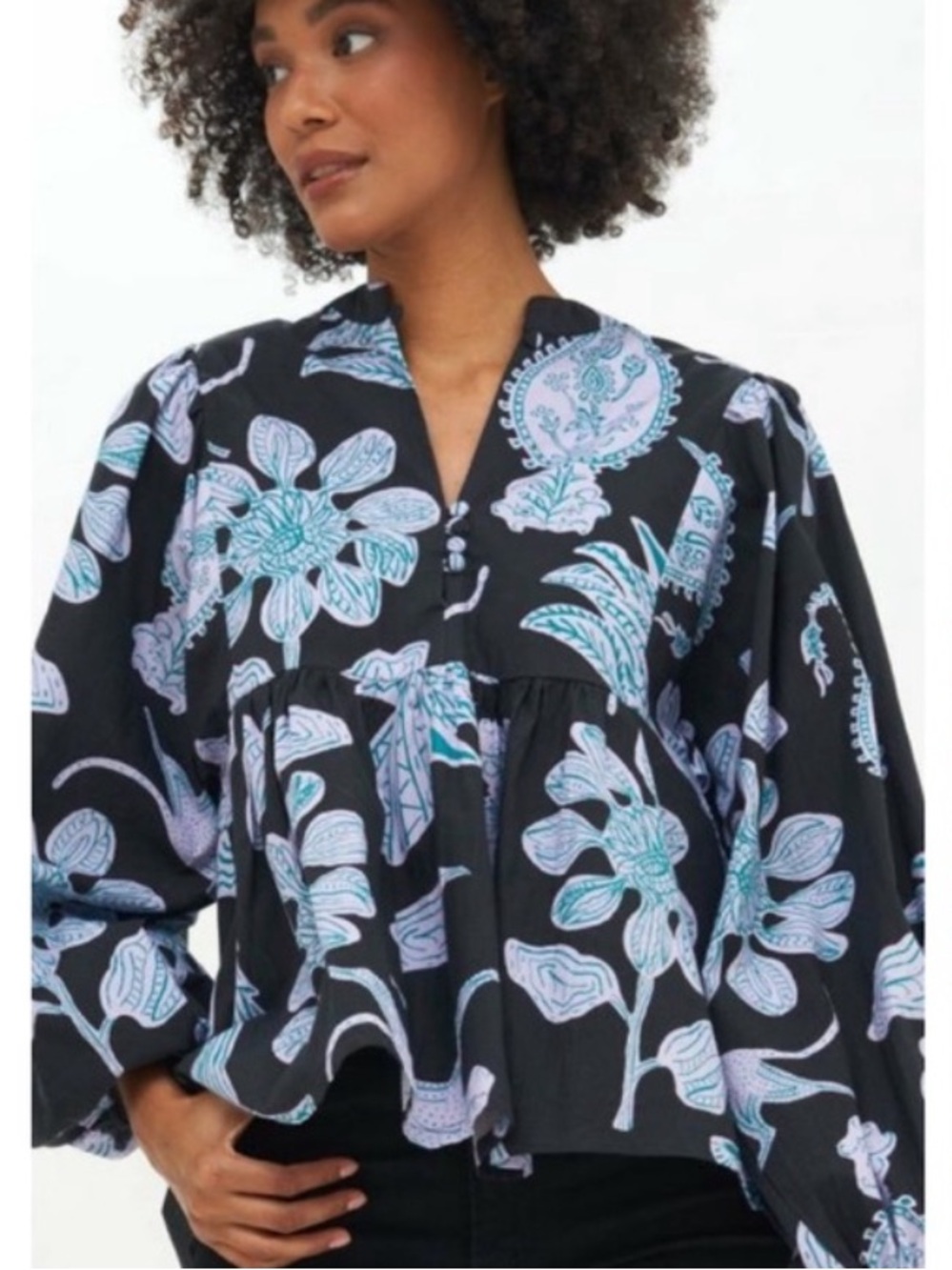 Oliphant black and purple floral big cat print blouse L
